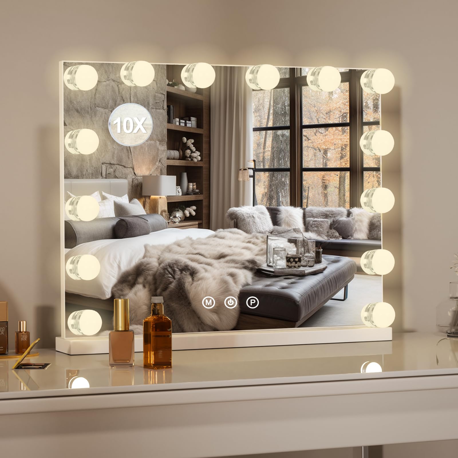VEVOR Hollywood Vanity Mirror Met Verlichting, 15 Dimbare Lampen En 3 Kleurverlichtingsstanden Cosmetische Spiegel Met Verwijderbare 5x Vergroting Usb Poort Slimme Aanraakbediening 580x458mm