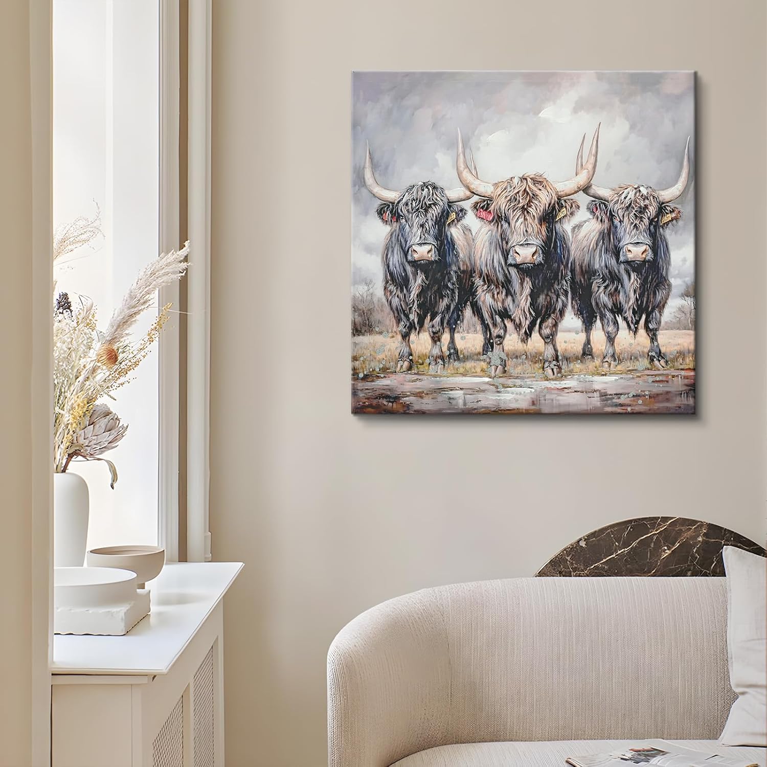 DRLWGTY Powerful Running Bulls Canvas Painting Wall Art, 24×24 in Cool Animal Power Painting with Silver Glitter Texture Details for Living Room Bedroom Decor,Ready to hang