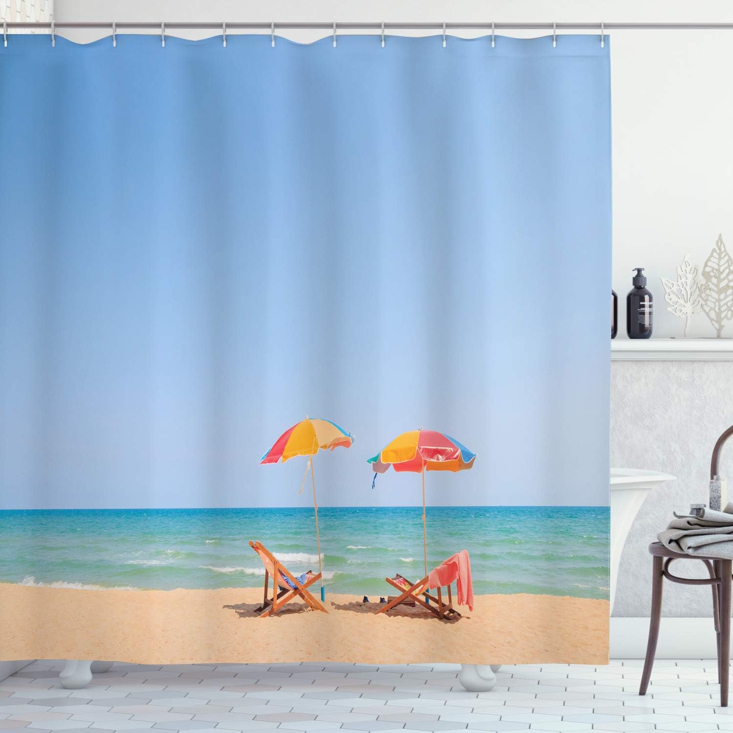 Ambesonne Seaside Shower Curtain, Beach Chair Umbrella on The Beach Leisure Time Tourist Attractions Photo Print, Cloth Fabric Bathroom Decor Set with Hooks, 69" W x 75" L, Turquoise Beige
