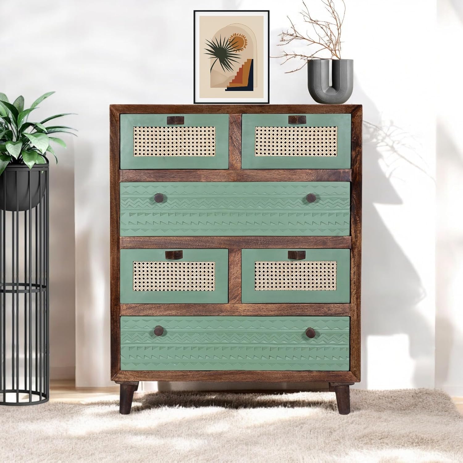Solid Wood Cane Chest of Drawers Storage for Bedroom & Office | Multipurpose Console Dresser with 6-Compartment Storage Cabinet with Rattan Cane Design for Bedroom, Living Room (Green)-image-40