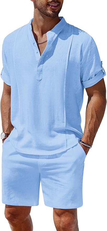 COOFANDY Men's 2 Pieces Linen Set Henley Shirt Short Sleeve and Shorts Summer Beach Yoga Matching Outfits