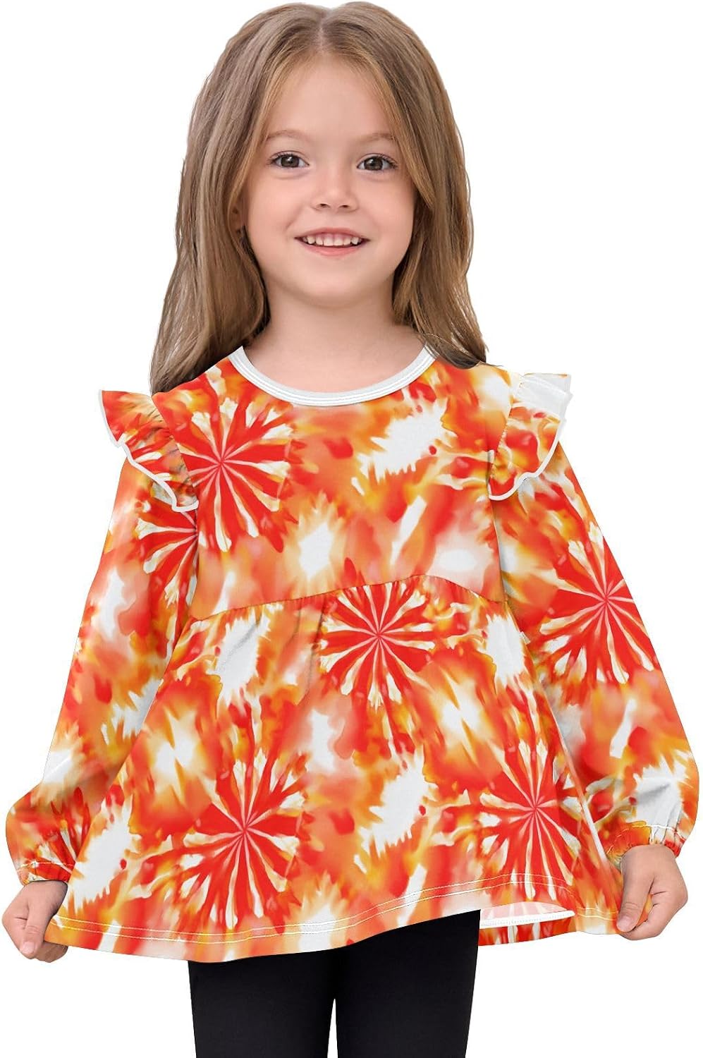 visesunny Toddler Clothes for Girls Orange Radiant Tie-dye Long Sleeve Fall Shirts Cotton Top with Ruffle Collar