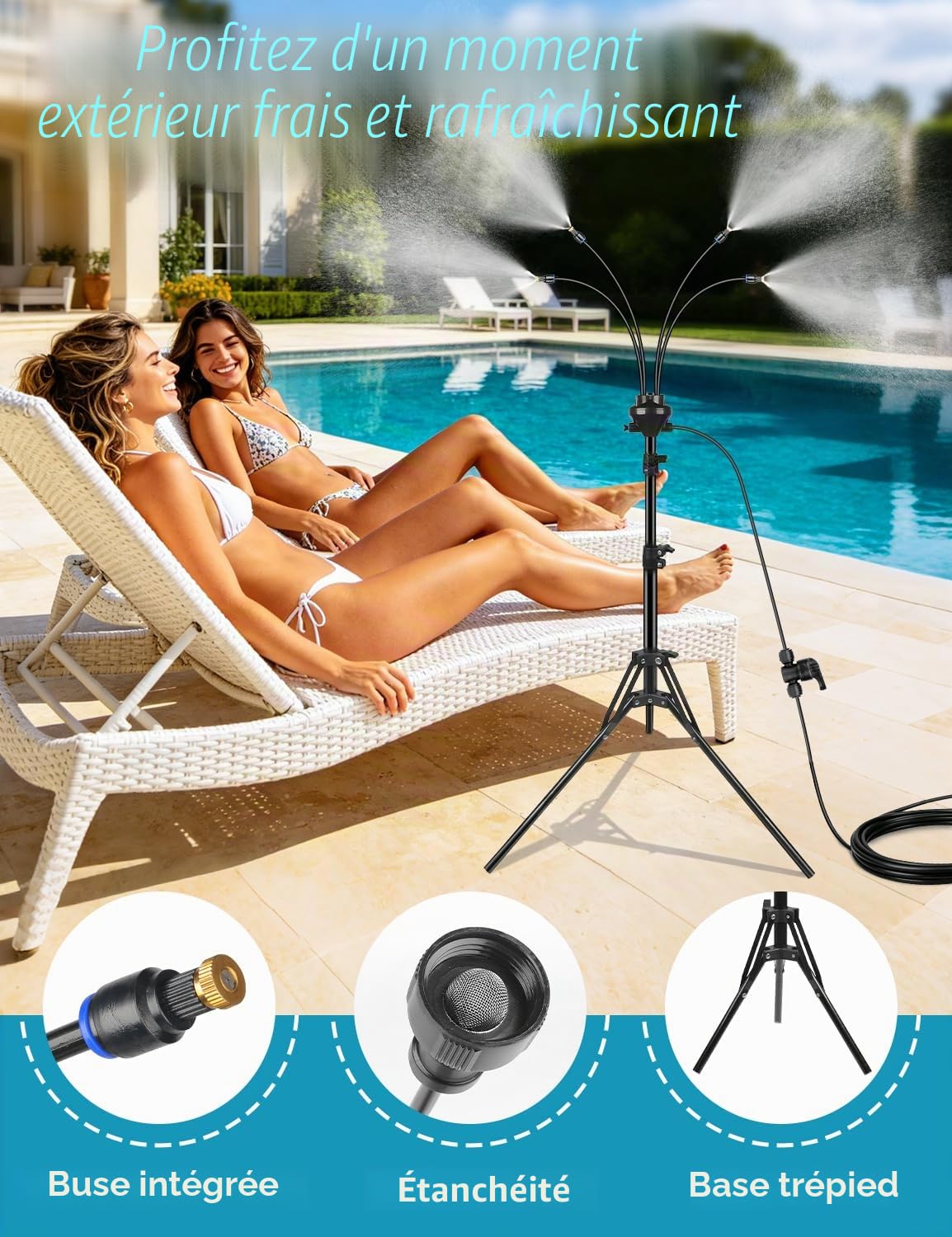 Brumisateurs debout pour terrasse extérieure, système de brumisation à hauteur réglable de 1,6 m pour refroidissement extérieur, brumisateur d'eau portable avec une ligne de brumisation de 8,07