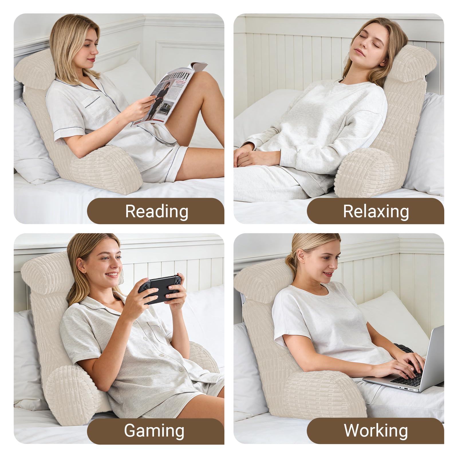 Coussin de Lecture pour Lit et Canapé, 80x55x40cm Oreiller de Lecture Dossier de Lit avec Accoudoirs, Oreiller Cervical et Poches de Rangement, Coussin Dossier Canapé pour lecture, Détente, Beige
