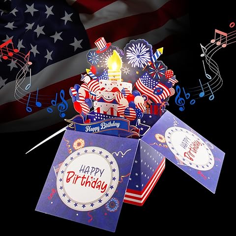 XTF2015 Happy Birthday Cards Fireworks, American Flag Birthday Card, Lights, Music 3D Pop Up Birthday Cake Gift Card with Envelope & Note Tag for Boys, Women, Men, Kids, Girls, Friends