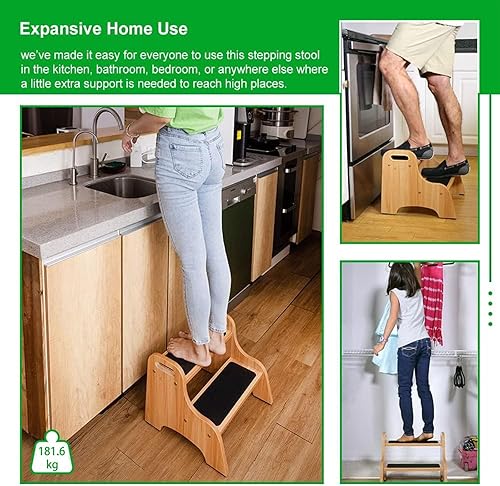 Miniatura 10 de StrongTek Taburete de madera de 2 escalones para niños con superficie antideslizante, asas portátiles, almohadillas antideslizantes y capacidad de