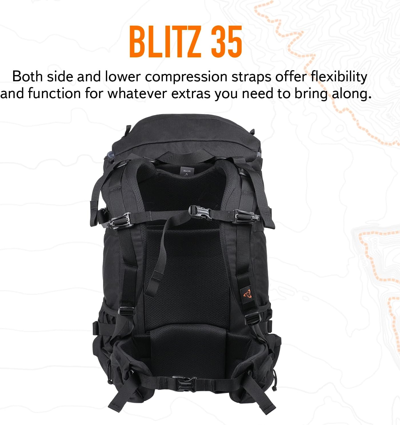 Back view of the Blitz 35 showing harness system and lumbar support