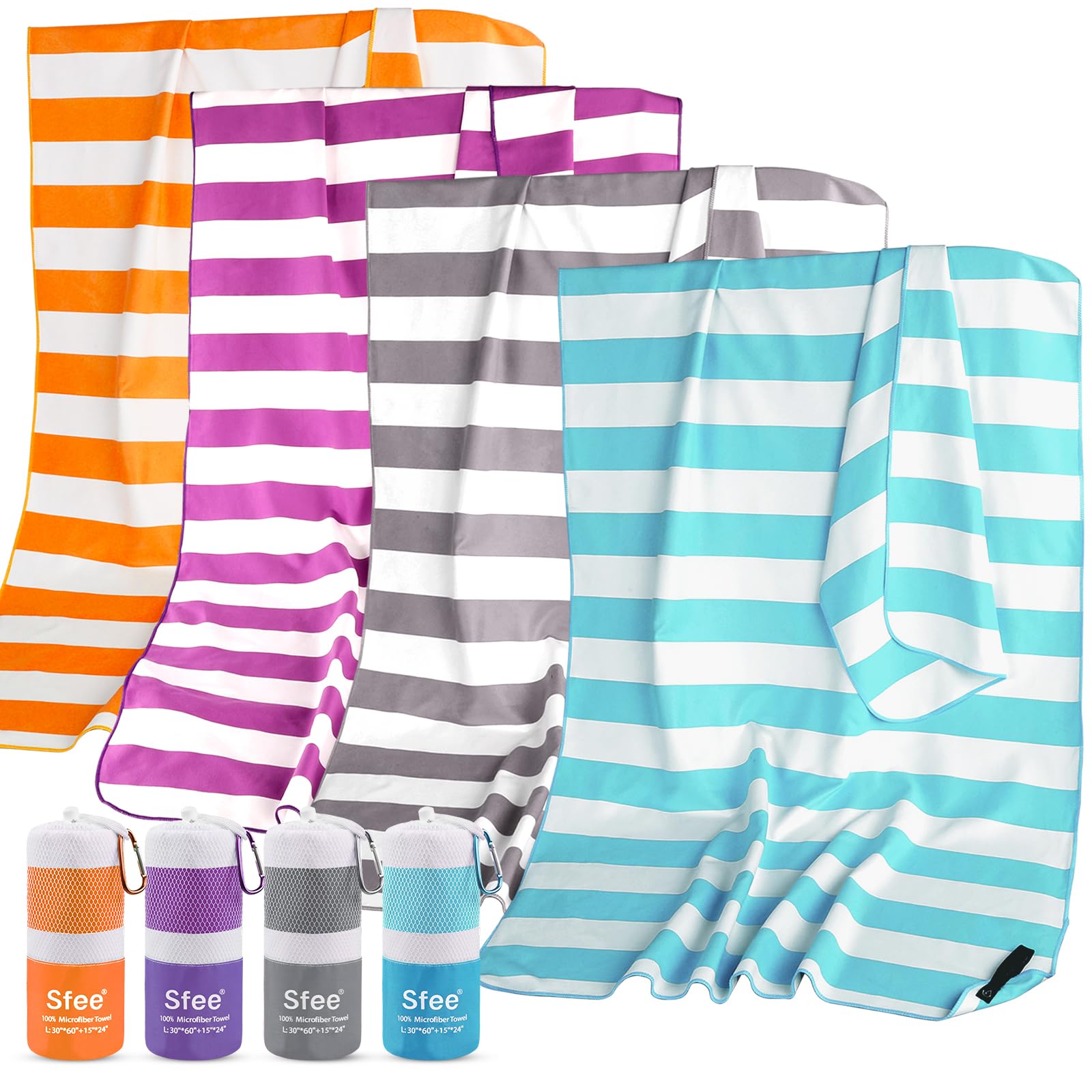 Sfee Paquete de 2 Toallas de Viaje de Microfibra, Toalla de Secado rápido, Toallas de Camping, súper absorbentes, compactas, Ligeras, Toalla Deportiva Suave a Rayas para Piscina, baño, Viajes