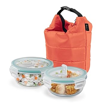 by Milton Swag Borosilicate Round Tiffin Box, 380 ml, Set of 2, Orange Jacket (Glass)