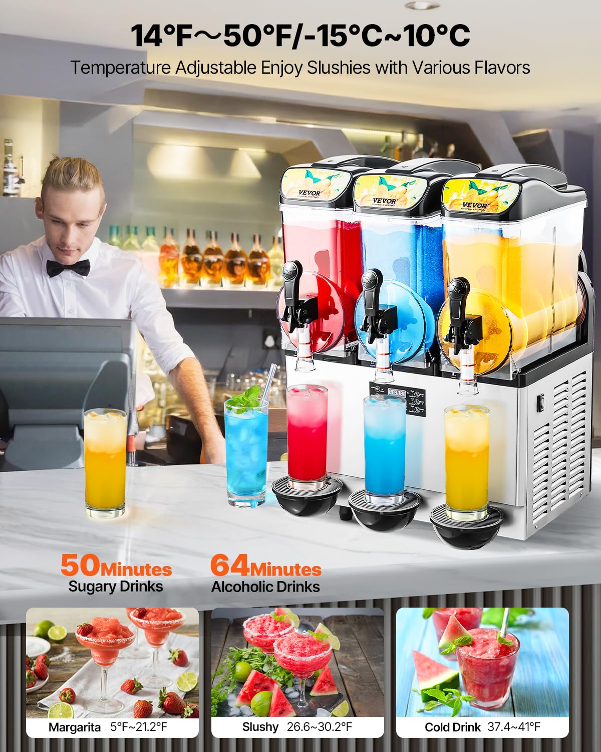 VEVOR Macchina per Bevande Ghiacciate Commerciale, Macchina per Granita Slushy a Triplo Serbatoio 15 Litri x 3 per Frullati in Acciaio Inox da Ristoranti, Bar, Caffetterie