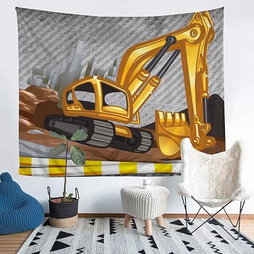 Feelyou Tapiz para colgar en la pared de automóvil para niños, diseño de excavadora para niños, diseño de maquinaria de dibujos animados, para