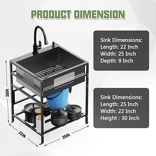 Vista 12 de Fregadero utilitario, fregadero independiente de acero inoxidable de 25 x 18 pulgadas, practicidad con accesorios: grifo de cocina, dispensador