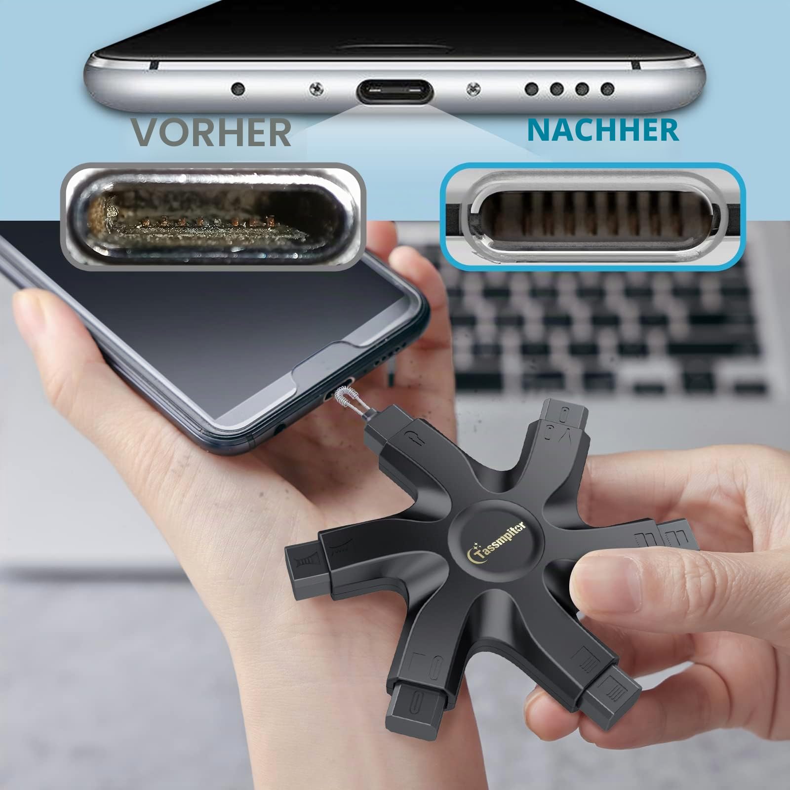 Handy Reinigungsset, iPhone Reinigungsset für Airpod iPhone, All-in-OnePhone Reinigungsset für Ladeanschluss Typ C, unzuverlässige Ladeverbindung mit Bürste reparieren