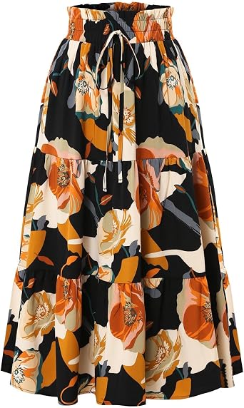 Tiered Maxi Skirts for Women Trendy High Waisted Ruffle Flowy Long Floral Skirt Casual Y2K Boho Beach A Line Skirt