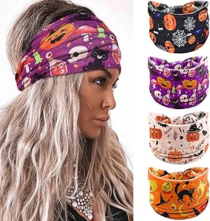 Olbye Headbands for Wome Wide Knotted Headband Turban Non Slip Hairbands Elastic Pumpkin Hairband Skull Head Bands Workout Head Wraps Yoga Hair Scarfs Ghost Cosplay Halloween Hair Accessories 4Pcs (B)