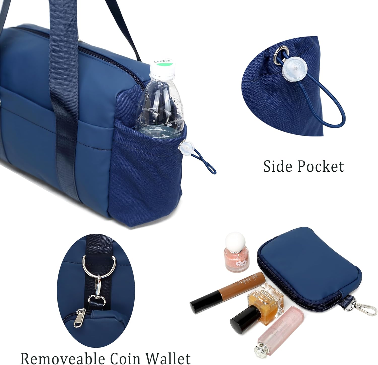 Everyday Mini Gym Bag for Women 2.0, Small Tote with Zipper Compartment Waterproof Travel Duffle Cute Handbag Workout Carry On with Removeable Shoulder Strap & Coin Wallet Easy to Clean - Navy