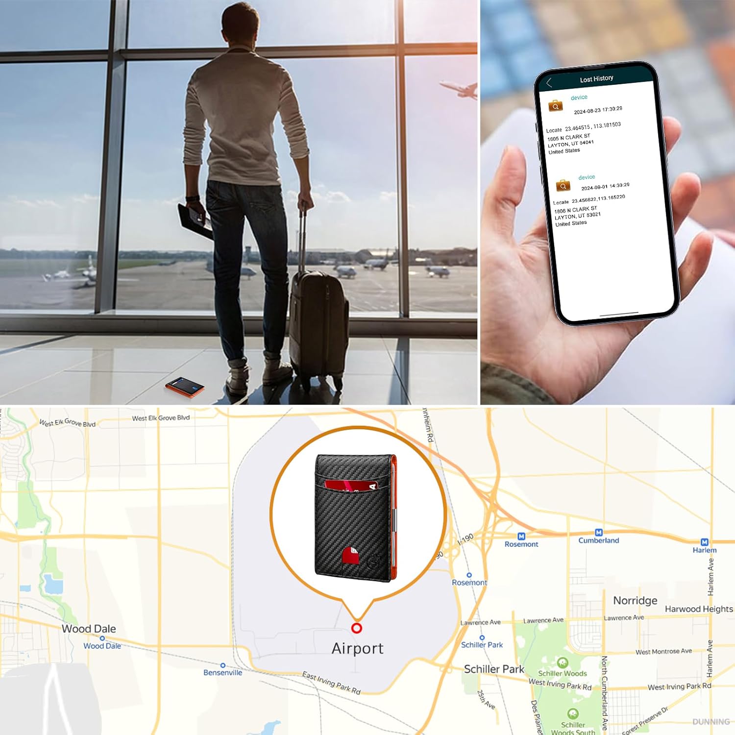 Smart Tracker Wallet for Men,Compatible with Android or Ios, Mens Wallet GPS Tracker Card Holder With Men Gift for Christmas. (Carbon Black) (Android or iOS, Black+Orange)
