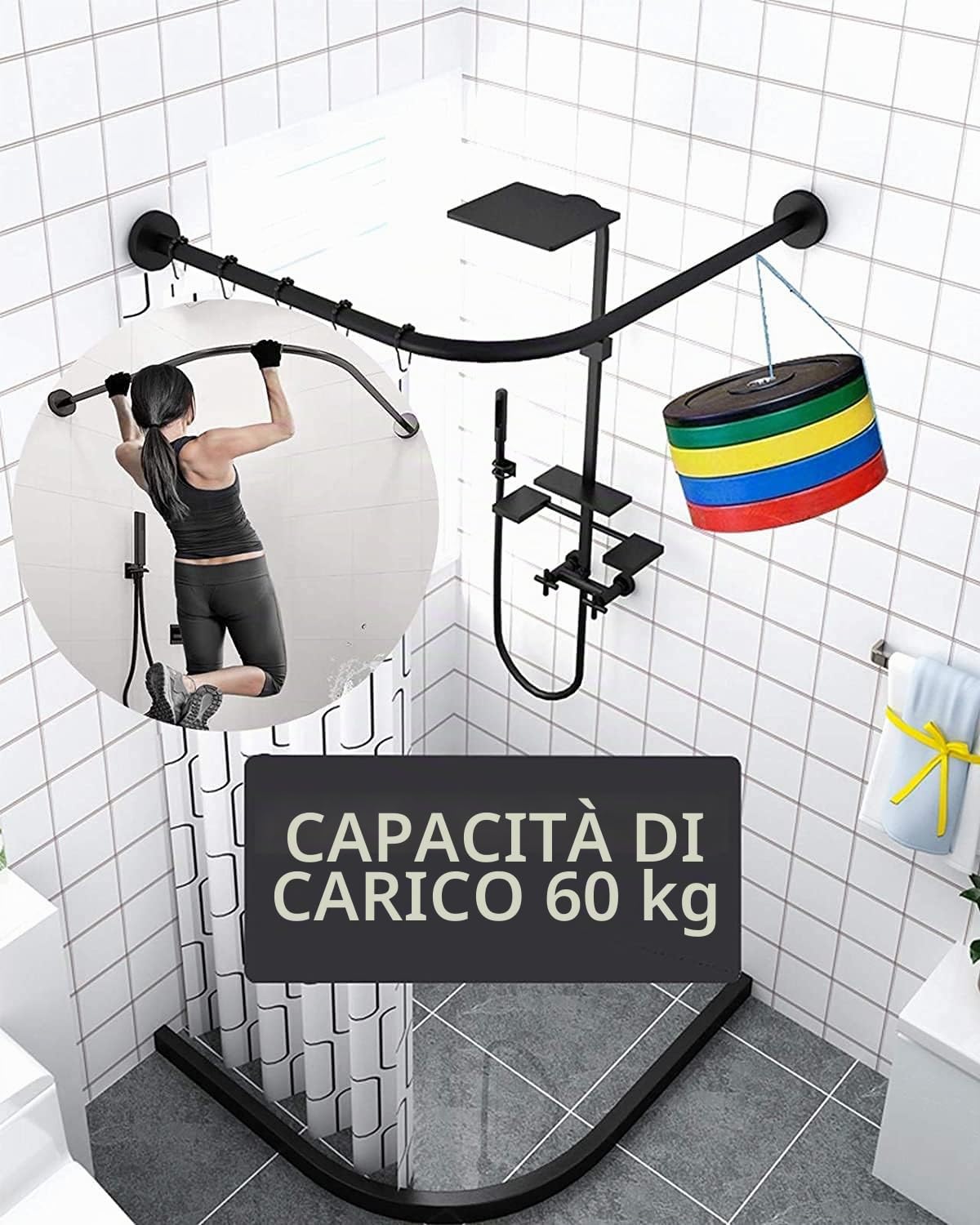 Bastone Tenda Doccia Angolare a Pressione a Forma di L, Asta Per Vasca Da Bagno a Tensione, Bastone 70 to 95cm x 70 to 95cm
