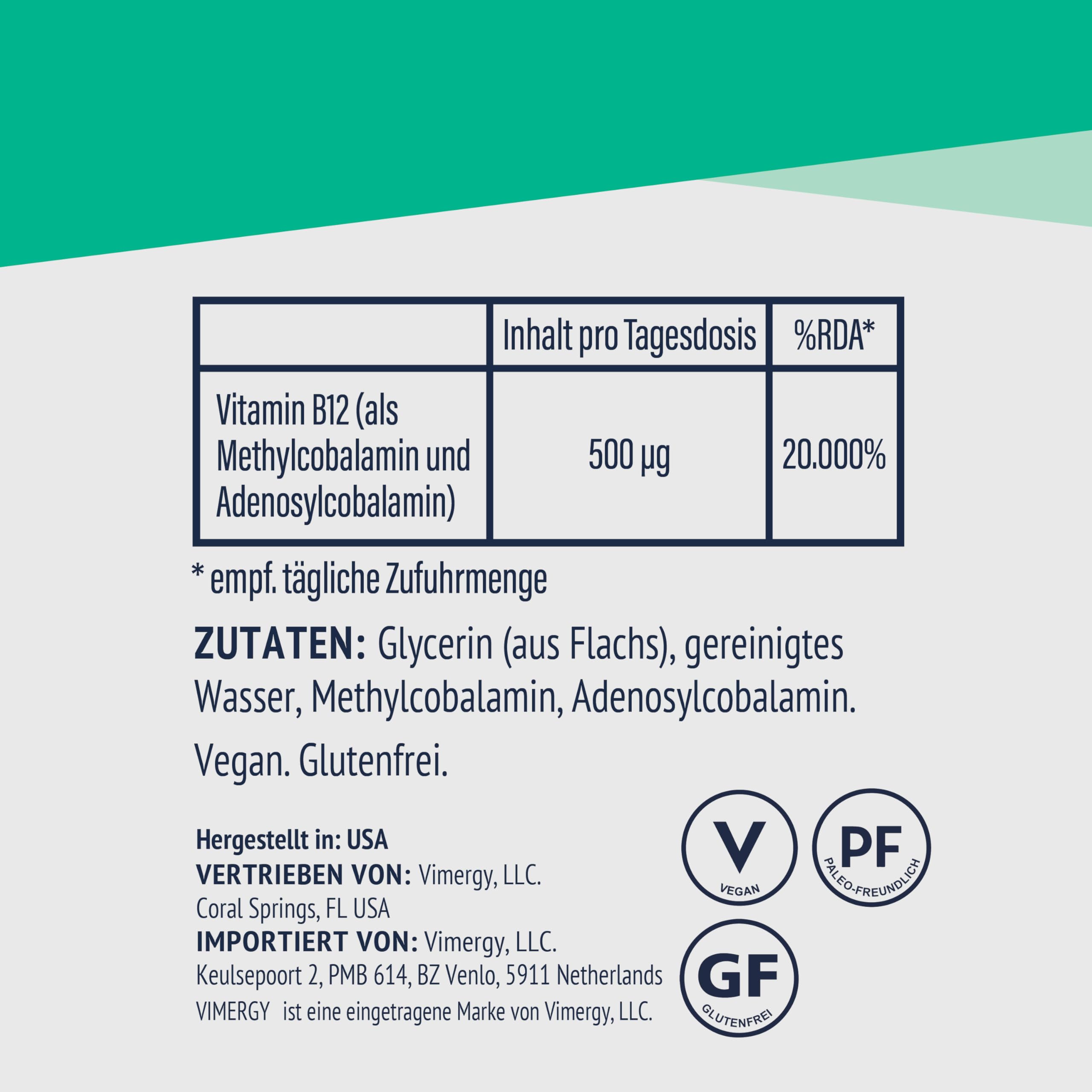 Vimergy Vitamin B 12 – Testgröße 115 ml – Vegane B12 Tropfen – Natürlich Süßer Geschmack – Kein Raffinierter Zucker – B12 Glutenfrei Nicht Gentechnisch Verändert für Keto/Paleo Geeignet