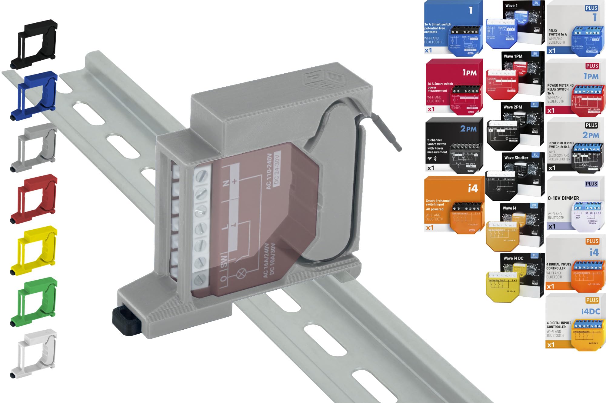 Soporte de carril "Single" para 18 Shellys: 1 Gen3, 1PM Gen3, 2PM Gen3, i4 Gen3, Plus 1, Plus 1PM, Plus 2PM, Plus i4, Plus 0-10V Dimmer, Wave 1, Wave 1PM, Wave 2PM, Wave Shutter, Wave i4 (Gris)