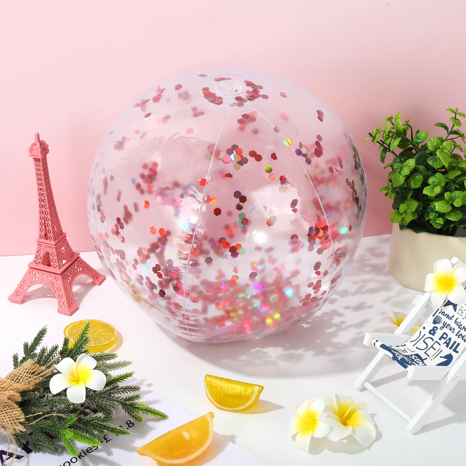 16 bolas de playa inflables de oro rosa con purpurina de 16 pulgadas, bolas redondas de PVC, lindos juguetes de juego para verano, temática tropical hawaiana, decoración de fiesta en la playa, 4