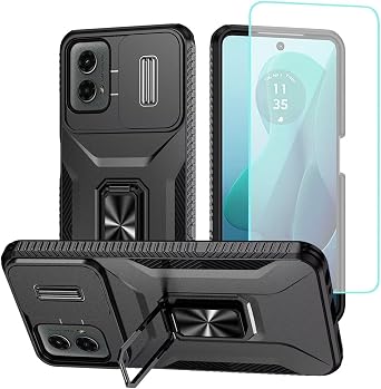 Case for Moto G 2024 5G Case, Moto G Play 5G 2024 with Tempered Glass Screen Protector and Slide Camera Cover,Rotated Ring Car Mount Holder Phone Cover for Motorola Moto G Play 5G 2024 Black