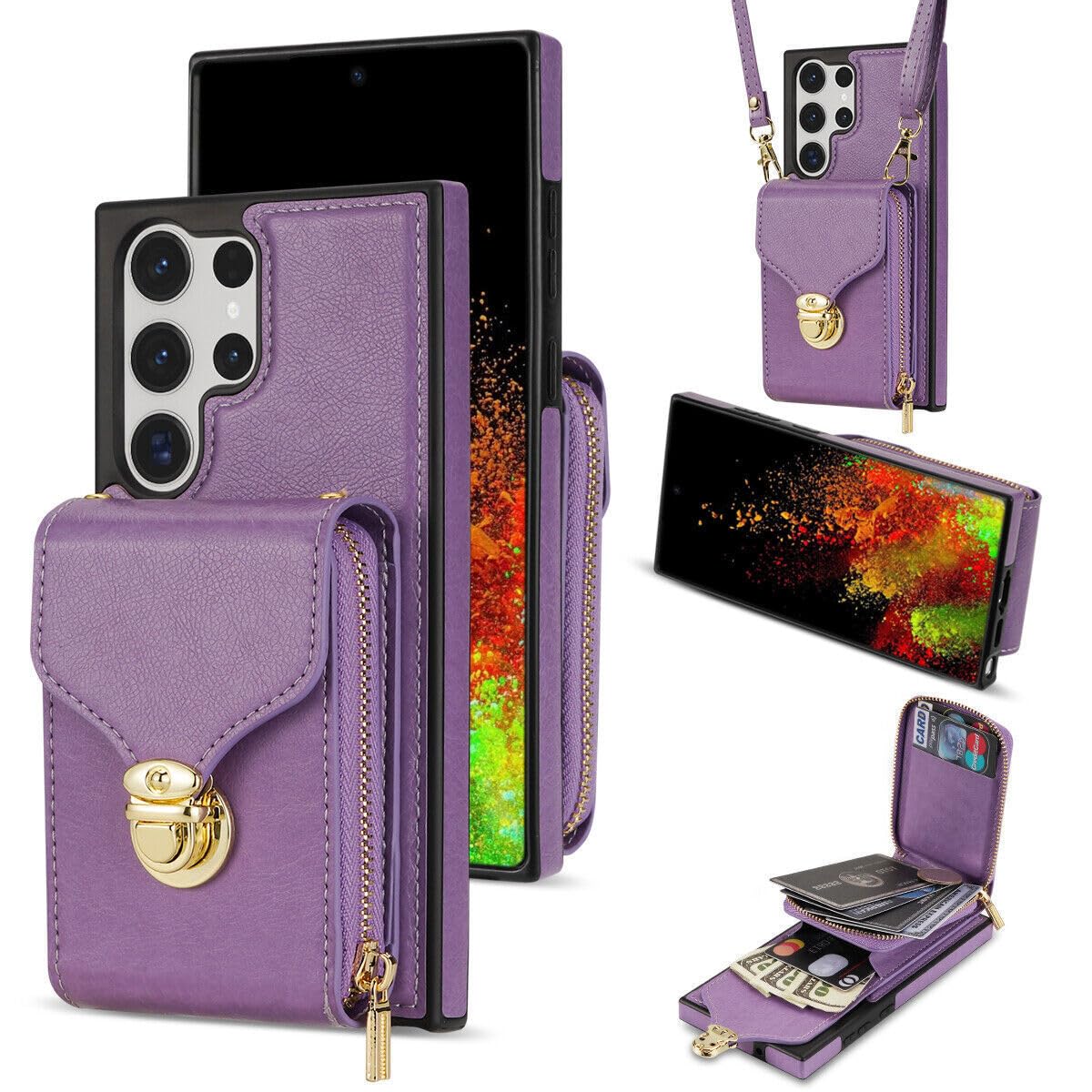 Étui portefeuille Samsung A53 5G violet housse à rabat carte avec lanière amovible - 7
