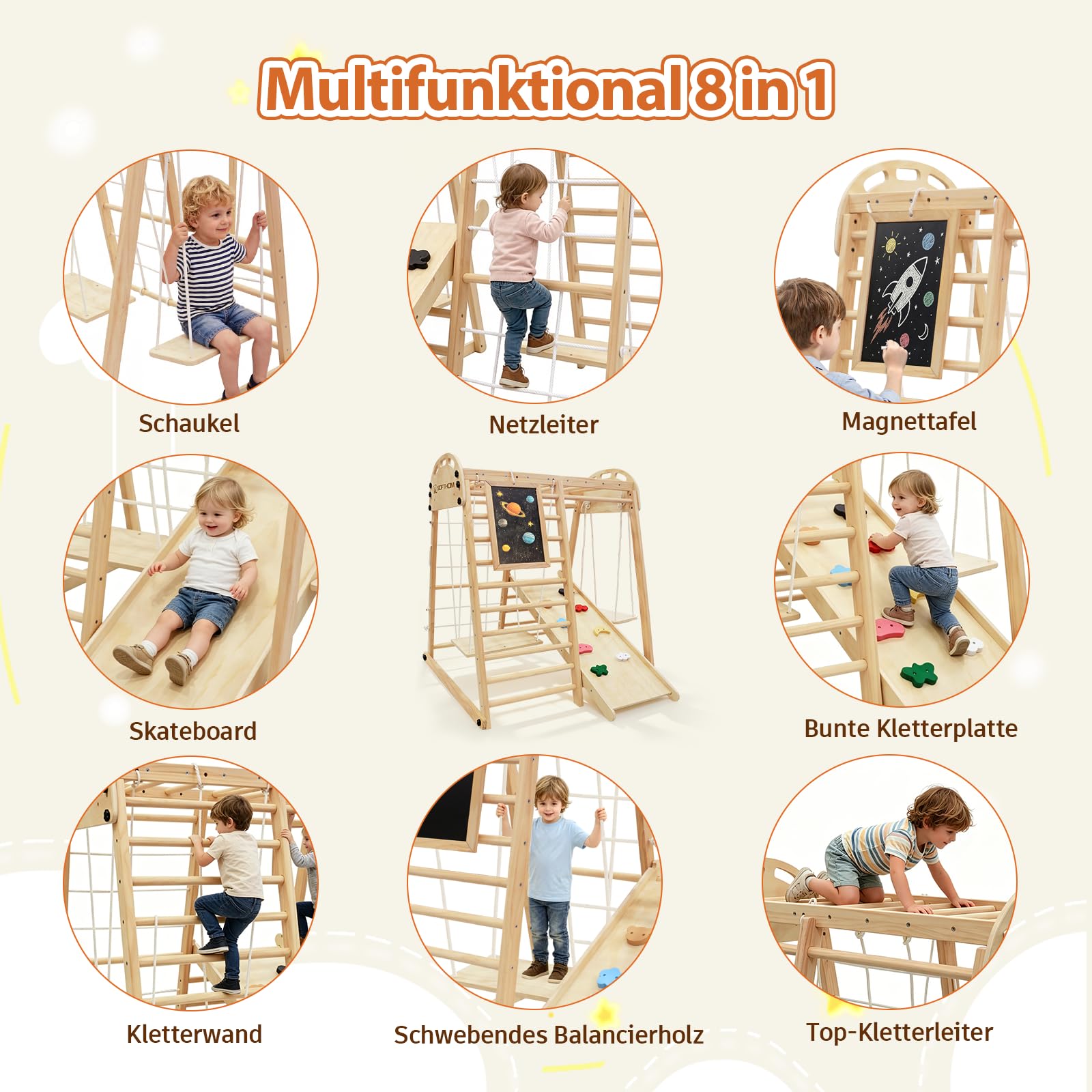 Klettergerüst Indoor Klappbar, Spielplatz für Kinder ab 1 Jahr | Montessori Kletterausrüstung Kinder mit Tafel, Rutsche, Schaukel, Kletterdreieck, Kletternetz, Natur Holz Kinderzimmer