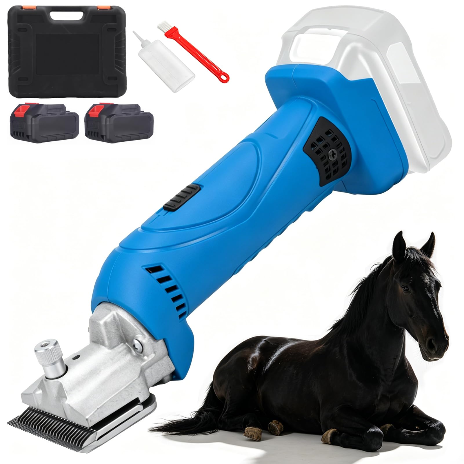 Esquiladora Eléctrica para Caballos 500W, Esquiladora Inalámbrica para Ganado 21V con 2 Baterías & Ajuste de 6 Velocidades, Cuchillas de Acero al Carbono 2500 rpm Cortadora Eléctri Blue-B 2 Batteries