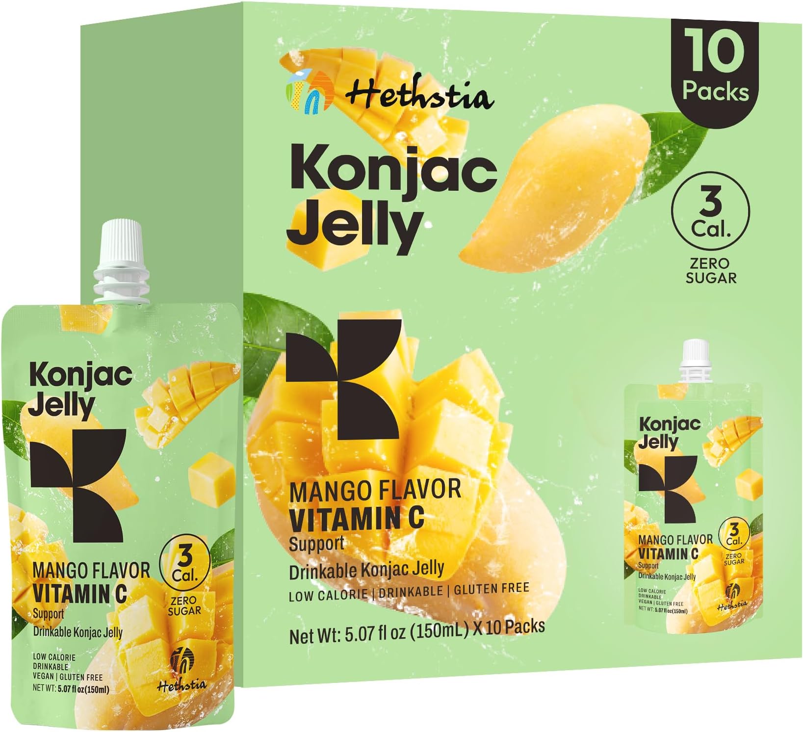 Hethstia Konjac Jelly Mango Flavor – 10 Pack Drinkable Mango Jelly Squeeze Pouches, 3 Calories, Vitamin C, 0 Sugar, Keto, Vegan, Gluten-Free, Healthy Snacks, Perfect Food Gift