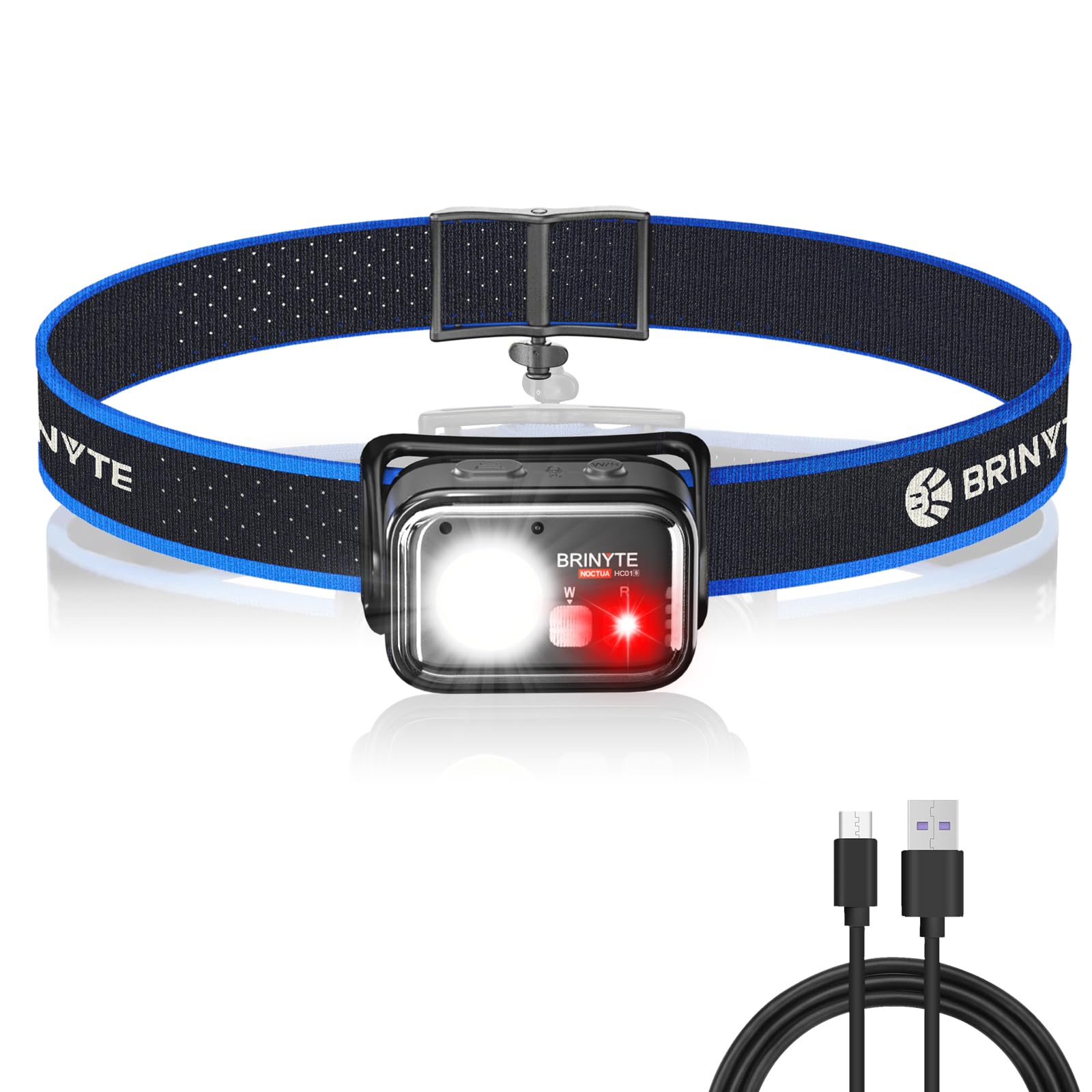 Brinyte HC01 Lampe frontale 1000 lumens ultra lumineuse rechargeable USB Type-C avec lumière blanche et rouge, étanche IP66, 7 modes pour camping, course à pied, randonnée, cyclisme