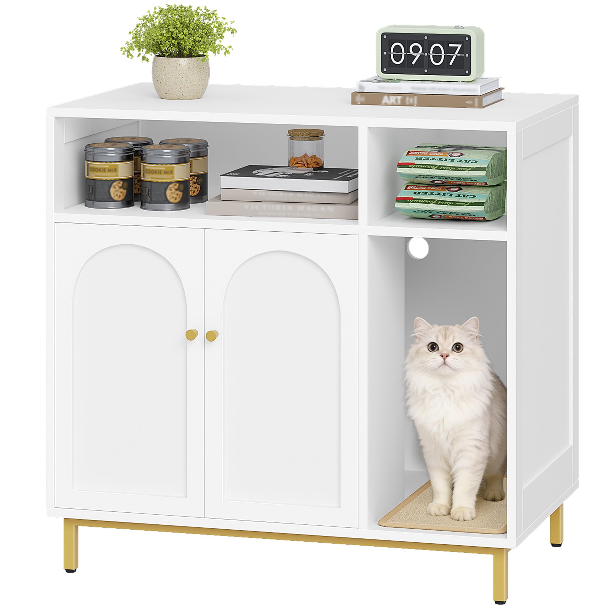Cat Litter Box Furniture, Hidden Cat Litter Box Enclosure with Storage, Wooden Cats Cabinet with Scratch Pad, Cats House, Modern End Table for Living Room Entryway, White and Gold CB87603G