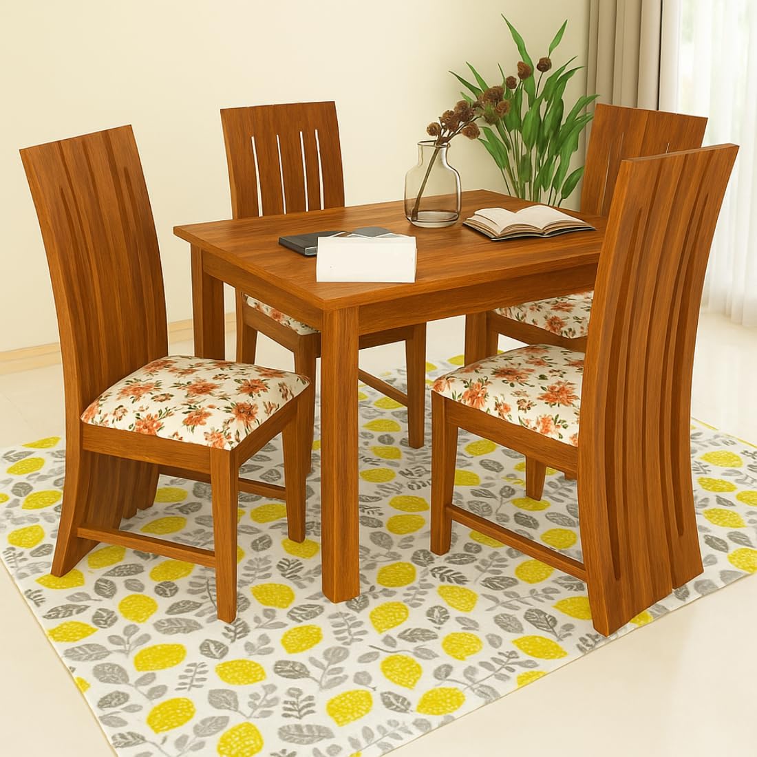 KENDALWOOD™ Furniture Sheesham Wood Dining Table (45x30 Inch) | 1 Year Warranty | 4 Seater Dining Set | Wooden Dining Table with Chair | Honey Finish with Flower Printed Cushions -DIY(Do-It-Yourself)