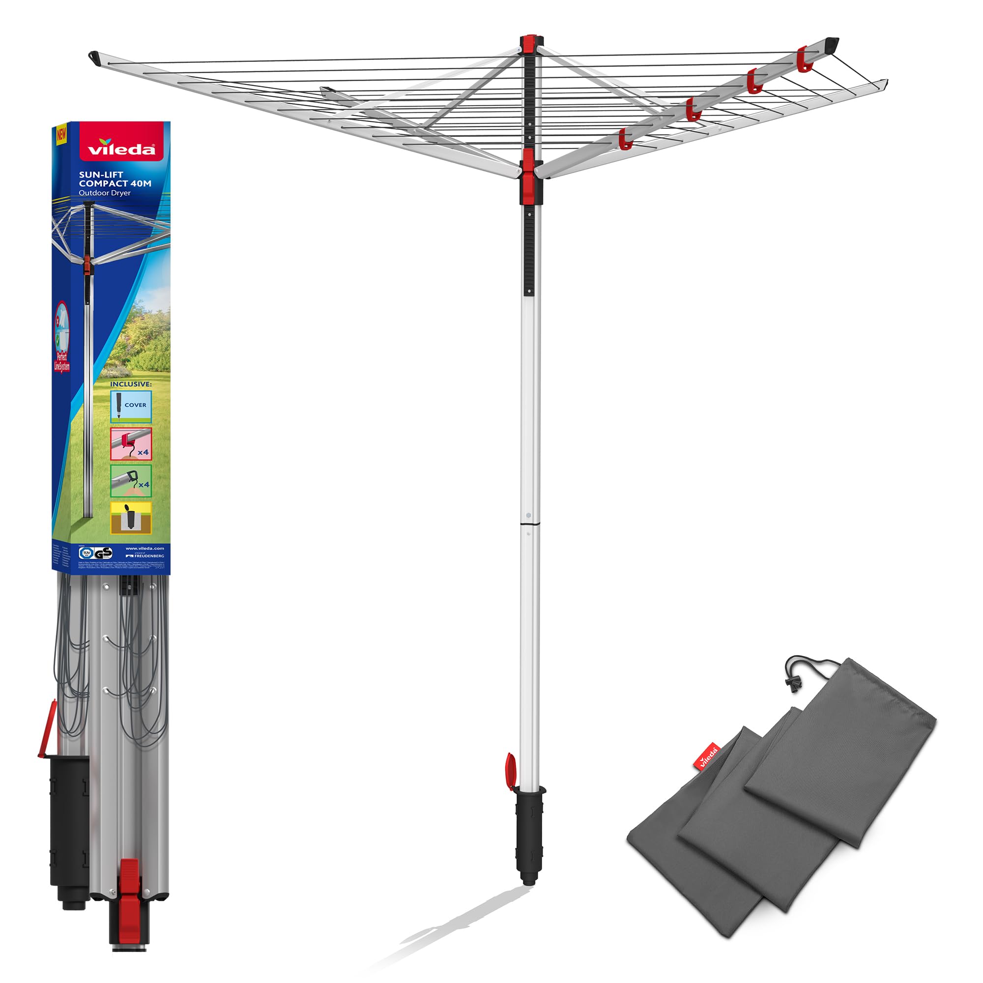 Vileda Sun-Lift Compact Wäschespinne, 40 m Leinenlänge,höhenverstellbar 1,55-1,72 m, Easy-Lift-System, inkl. 8 Kleiderbügelhalter, Bodenhülse, UV-beständige Schutzhülle, Farbe Grau, Eco-Verpackung