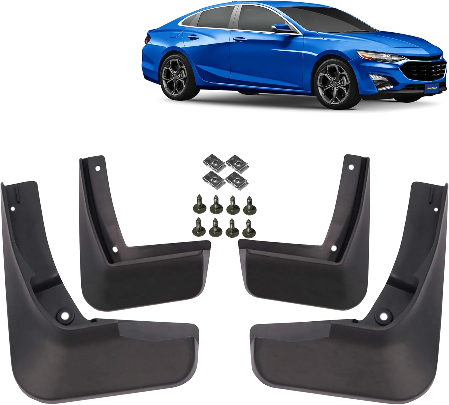 Goodyear Mud Flaps for Chevrolet (Chevy) Malibu 2016-2018, Pair, Heavy-Duty Thermoplastic, Custom Fit, Easy to Install, Road/Weather Durability, Car Accessories - GY004709