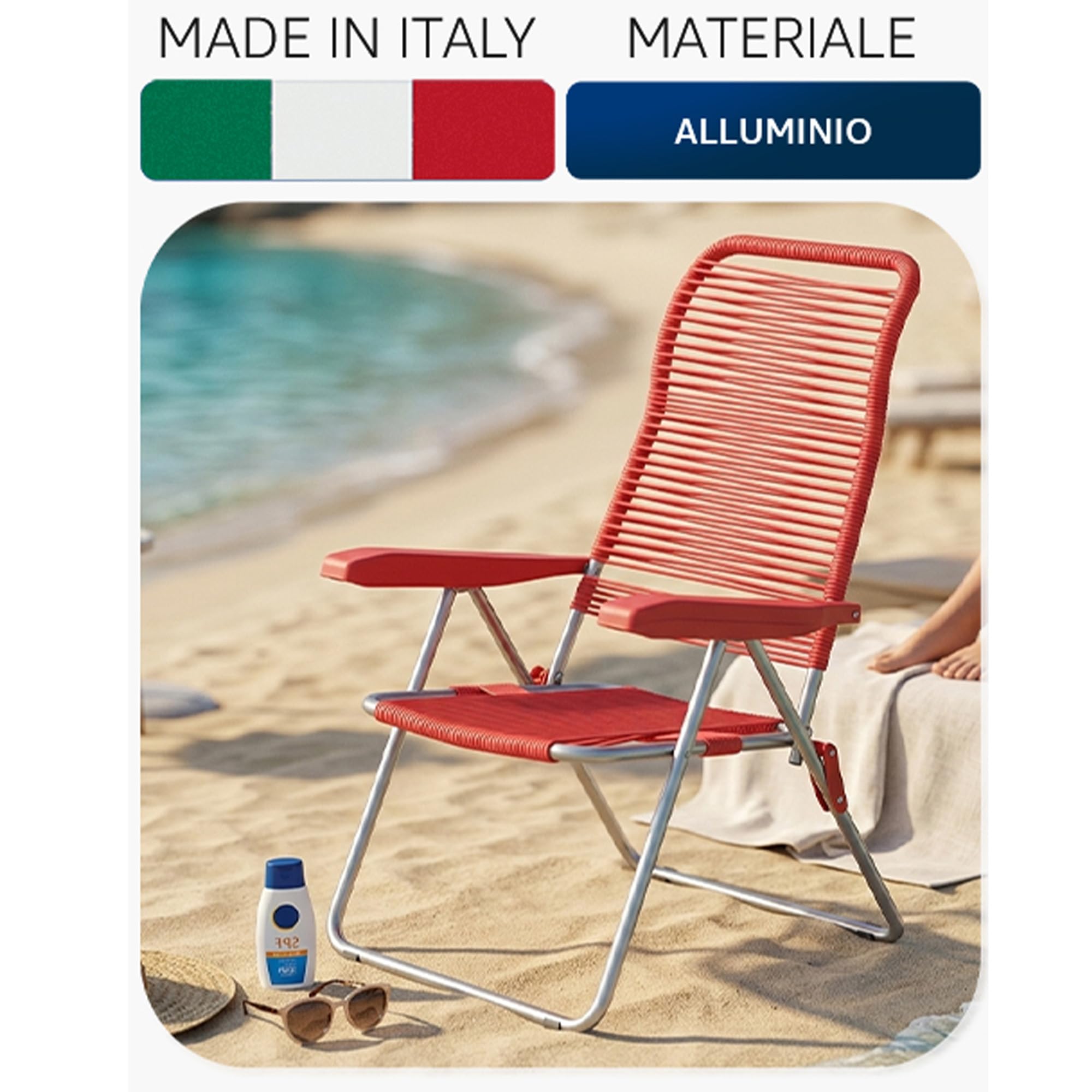 Sicignano Sedia Sdraio Lipari Pieghevole da Esterno, PVC Colorato su Telaio in Acciaio, 5 Posizioni Reclinabili, 62x64x105 cm (Rosso)