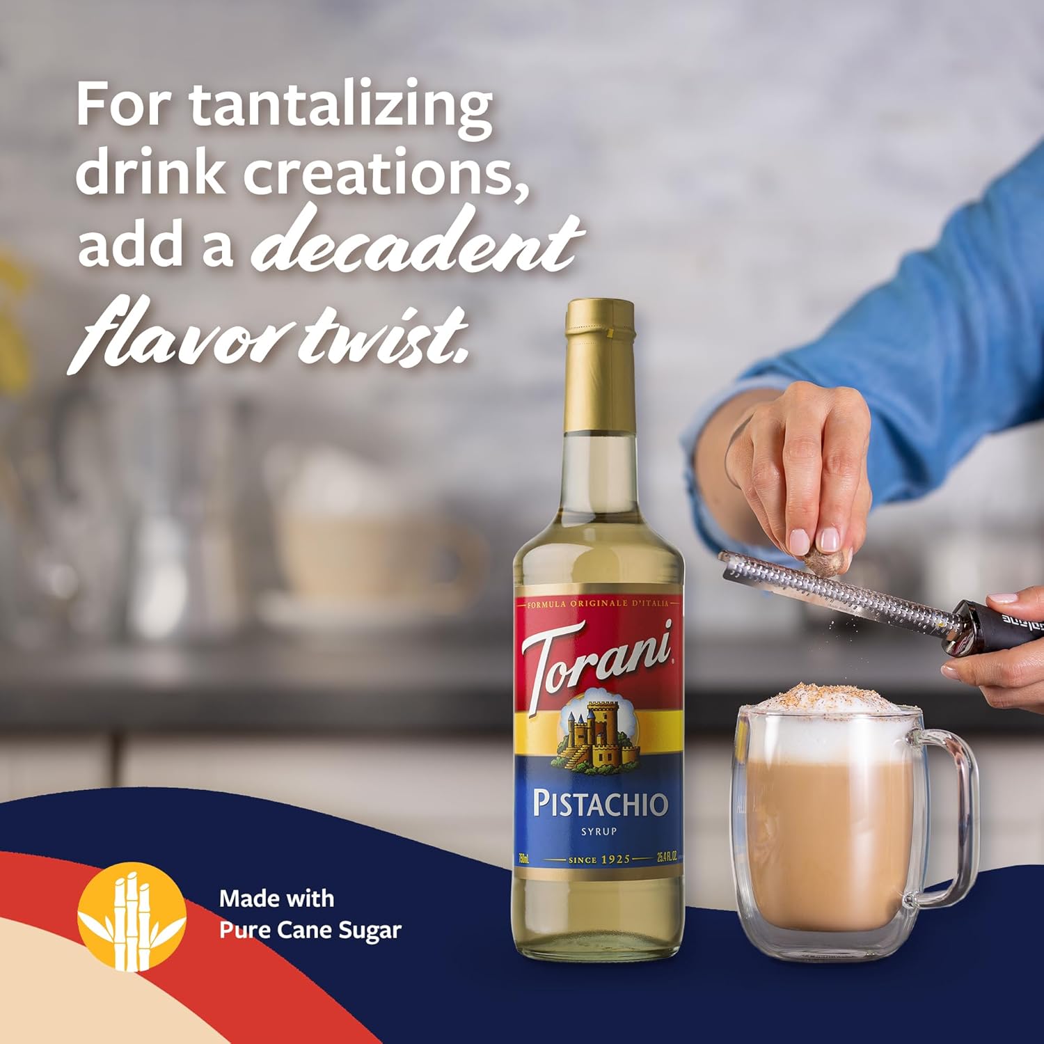 Torani Pistachio Coffee Syrup for Drinks & Desserts, Glass Bottle 4-Pack, Pumps Included, 25.4 Fl Oz Each