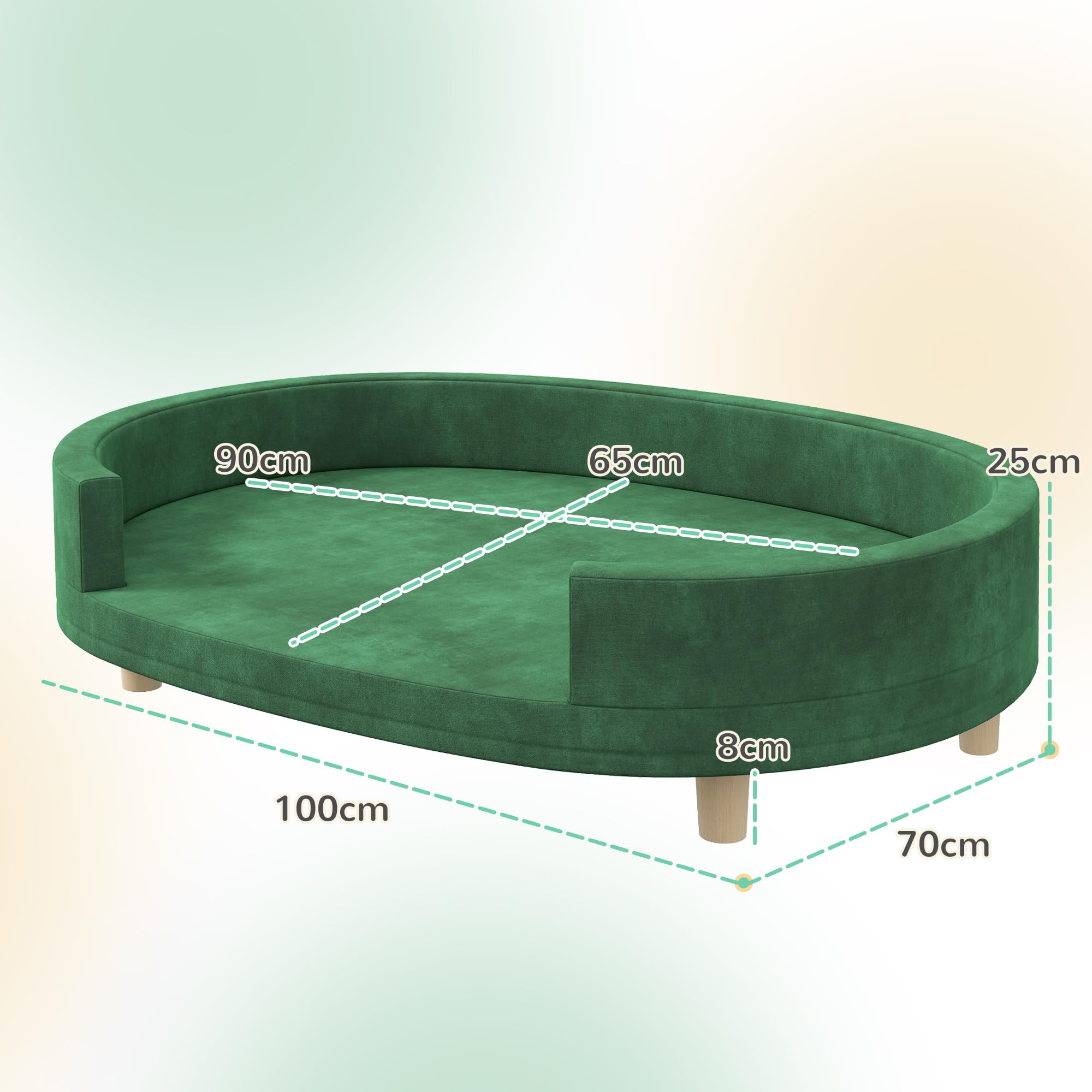 PawHut Canapé pour Chien, Sofa pour Chat, Fauteuil pour Chat, Surface en Velours Doux, avec Coussin Amovible, Pieds en Bois Massif, 100l x 70P x 25H cm, Vert