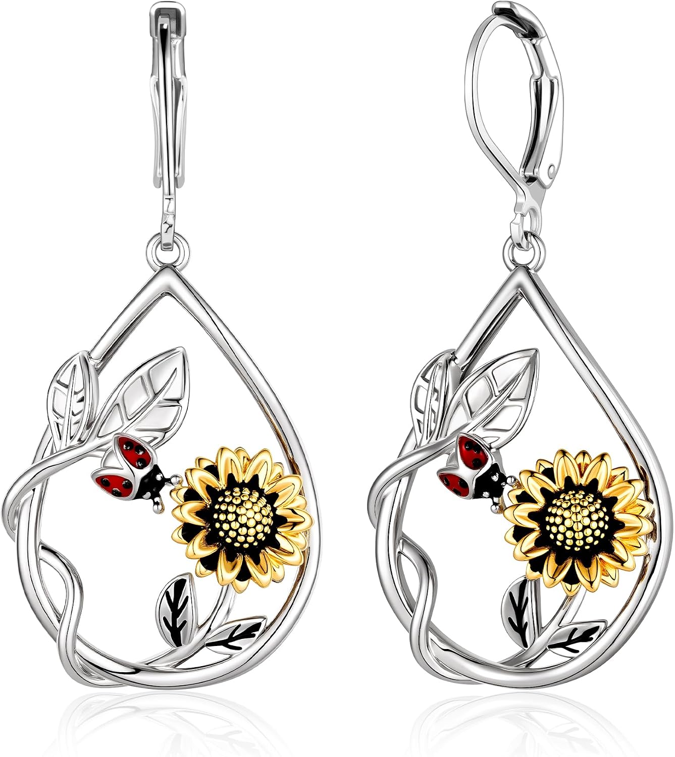 Silver Dangle Earrings for Women White Gold Plated Leverback Sunflower Dangle Drop Earrings Handmade Jewelry Gifts