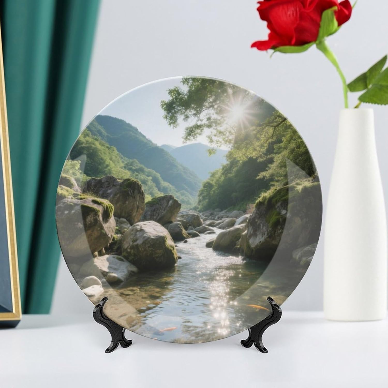 Bone China Decorative Plates Strange Rocks in The Creek Ceramic Decorative Plate Wall Decor with Display Stand Ceramic Ornaments for Wall Hanging Decoration