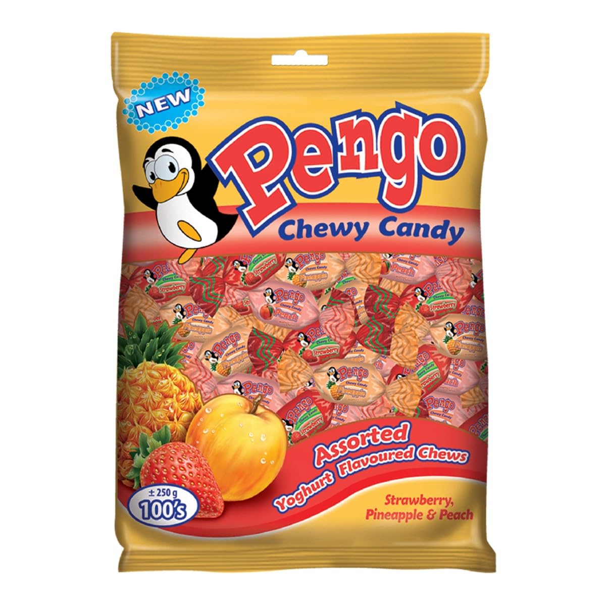 Pengo Strawberry, Pineapple and Peach Yoghurt Flavoured Chewy Candy 100-Piece Set 220 g