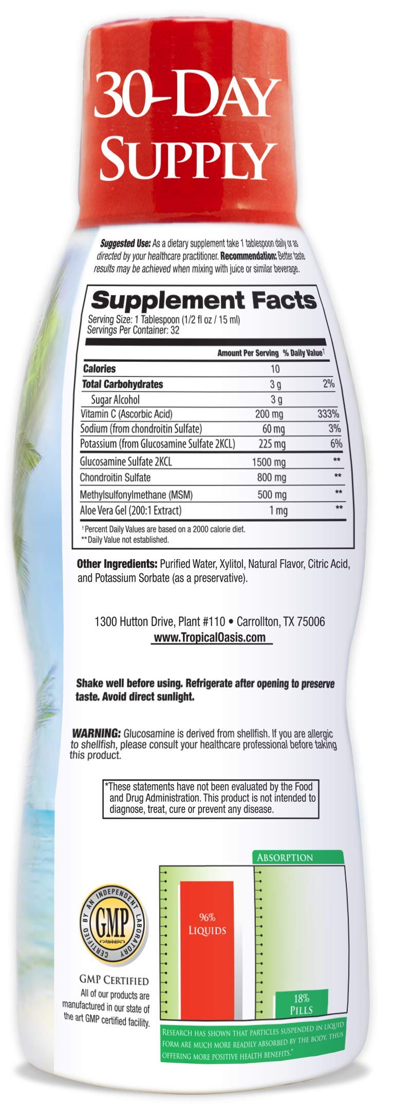 Tropical Oasis–Premium Liquid Glucosamine Chondroitin & MSM- Liquid Joint Support Formula 1500mg Glucosamine, 800mg Chondroitin, & 500mg MSM - 16 Fl Oz — Amazon image 2