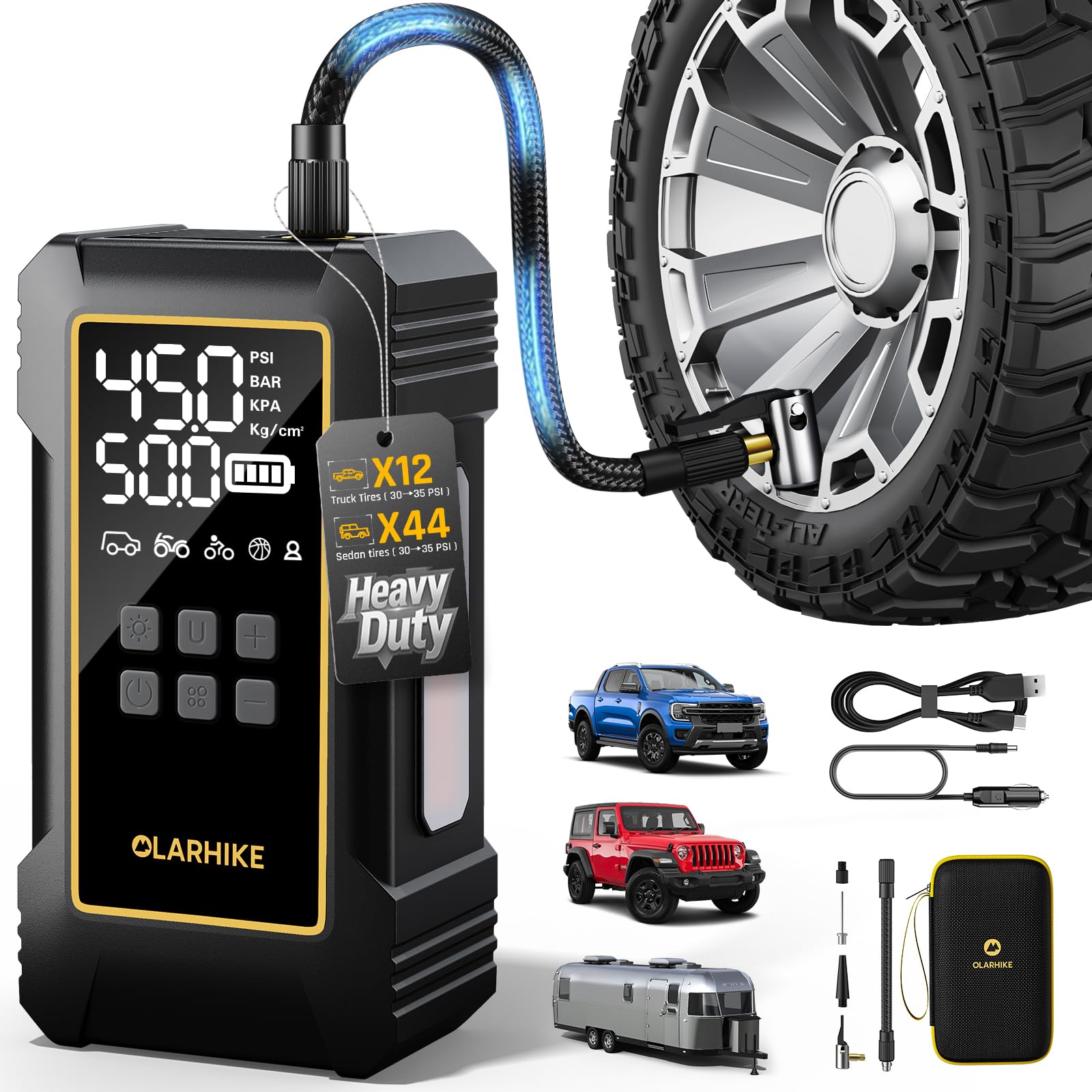 OlarHike best portable tire inflator for trucks with dual power cordless and 12V options