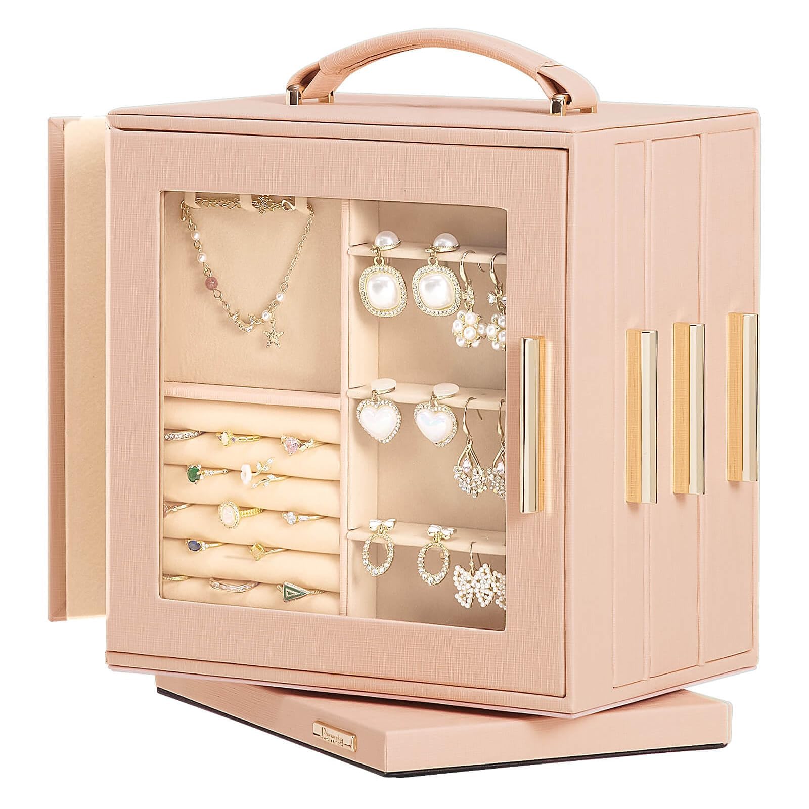 Homde Valentine's Day gifts Jewelry Box 360° Rotating, Necklace Earring Organizer with Transparent Window, Mirror, 7 Drawers, Large Ring Display