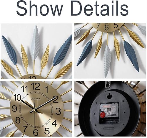 Miniatura 6 de Clock Large,Retro Geometric Feather Design Mute Golden Clock,Modern Polychromatic Vintage Metal for Home Kitchen,Blue White,58.5cm Art Home Dec