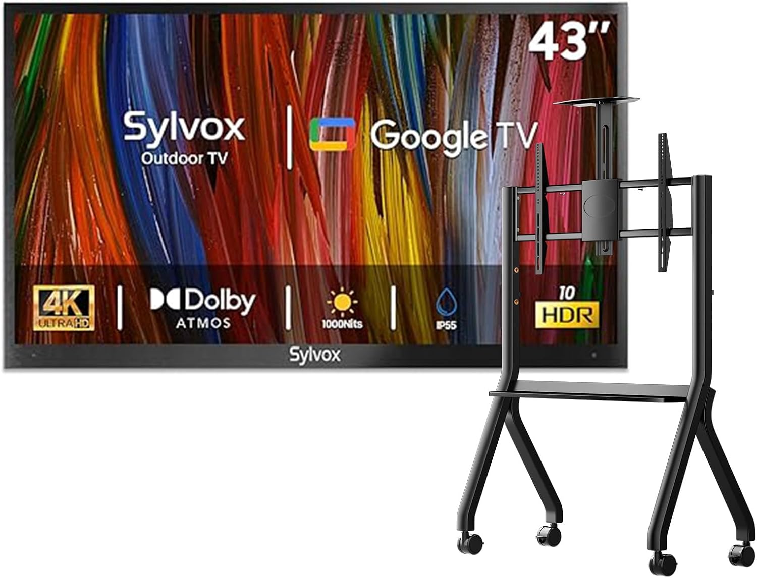 SYLVOX Outdoor TV with Rolling Stand, 43 inch 4K Smart TVs, Weatherproof & IP55 Waterproof, Support Google Assistant, Chromecast, 1000 nit Brightness Partial Sun (Deck Pro 2.0/2024)