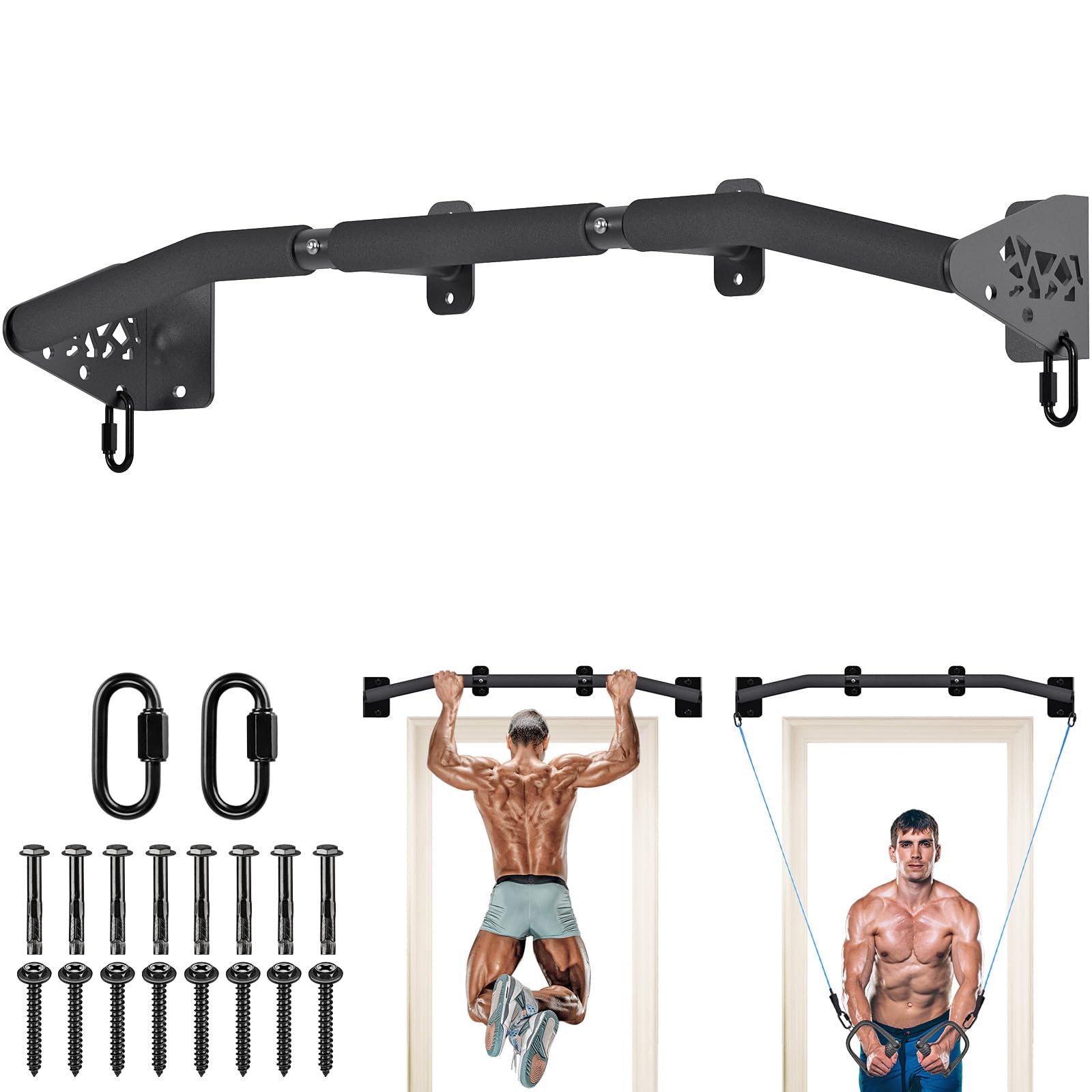SELEWARE Heavy Duty Wall Mount Pull Up Bar, Joist Mount Chin Up Bar for Doorway, Sturdy Steel Construction, w/Resistance Band Hooks, Fits 32"/36" Wall Studs for Home Gym Strength Training