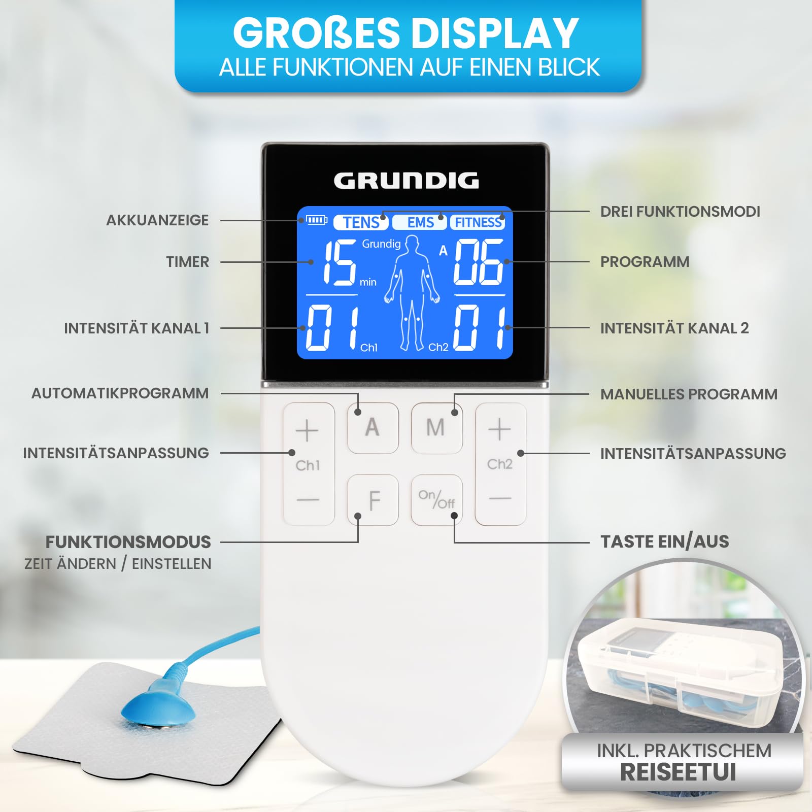 GRUNDIG Tens Gerät Schmerztherapie Reizstromgerät - Zertifiziertes Reizstrom Medizinprodukt mit 50 Programmen und 16 Intensitätsstufen - 3in1 Akku EMS Gerät zur Muskelentspannung (Gerät)