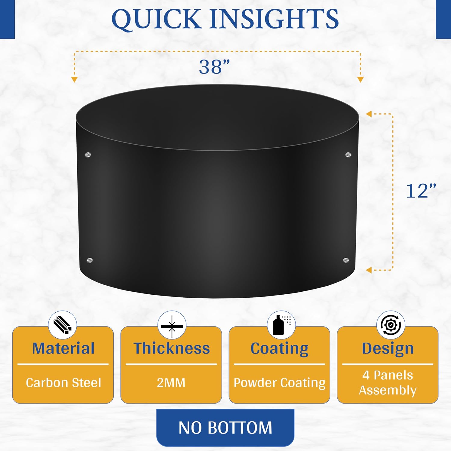 FEBTECH Fire Ring for Outside Fire Pit - 38" Dia & 12" H No Bottm Deep Fire Ring Insert - Powder Coated 2mm Carbon Steel Liner for Above or In Ground Fire Pit & Outdoor Garden or Camping