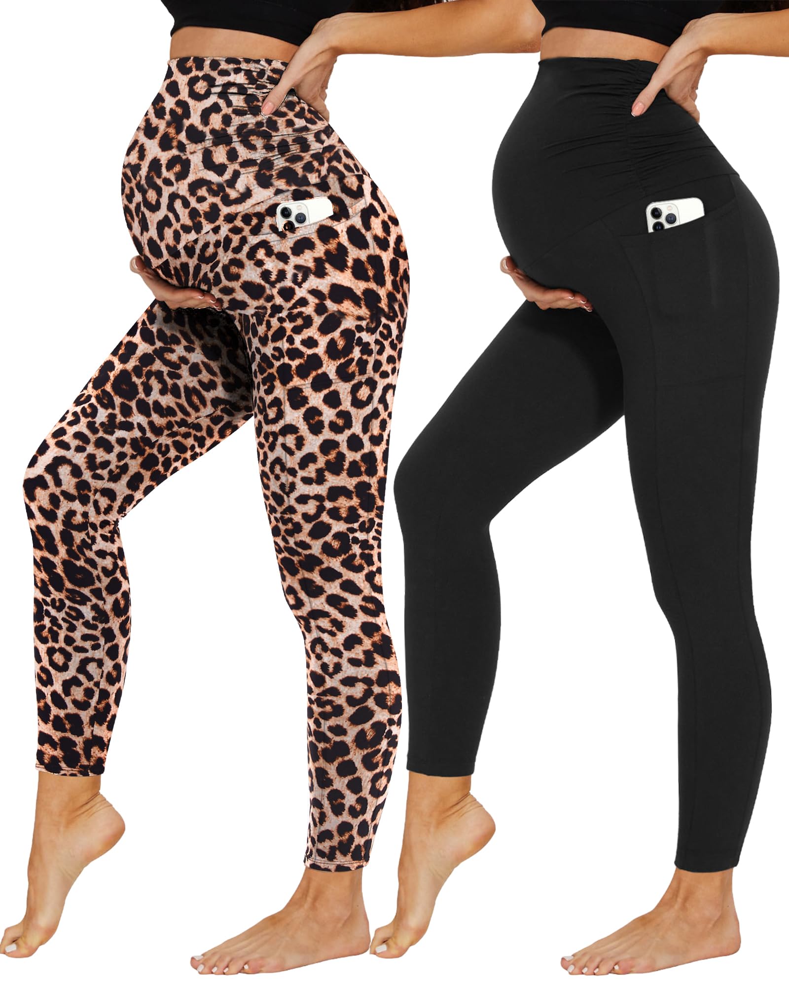 DDOBB 2 Pack Maternity Leggings Over Bump with Pockets High Waist Black Soft Belly Support Stretchy Pregnancy Pants Yoga Workout Pajama Trousers — view 8